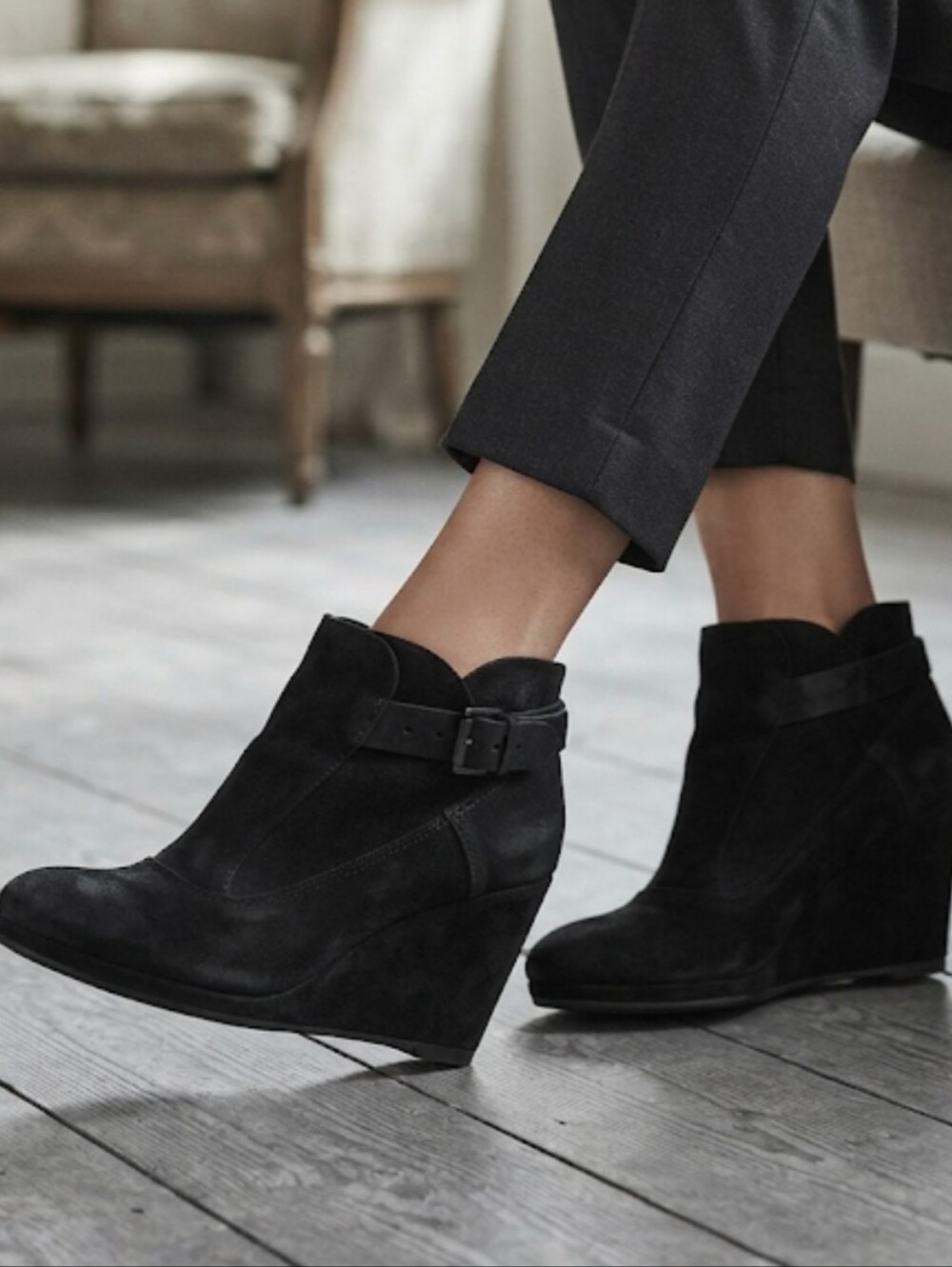 Allsaints Women Ankle Black Suede Wedge Boots with Buckle Shoes Sz 38/7